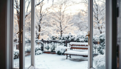 View through a window of a snowy winter garden with trees, a bench, and icicles hanging.

