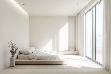 Bright, minimalistic bedroom with sunlight and modern decor