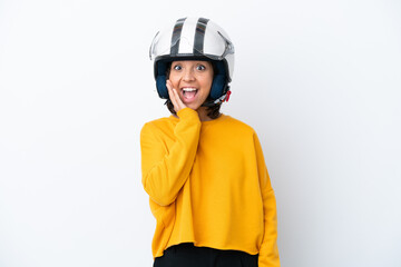 Woman with a motorcycle helmet with surprise and shocked facial expression