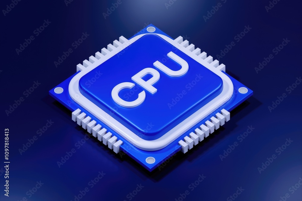Poster 3d rendering of a blue cpu chip with white accents illustrating central processing unit