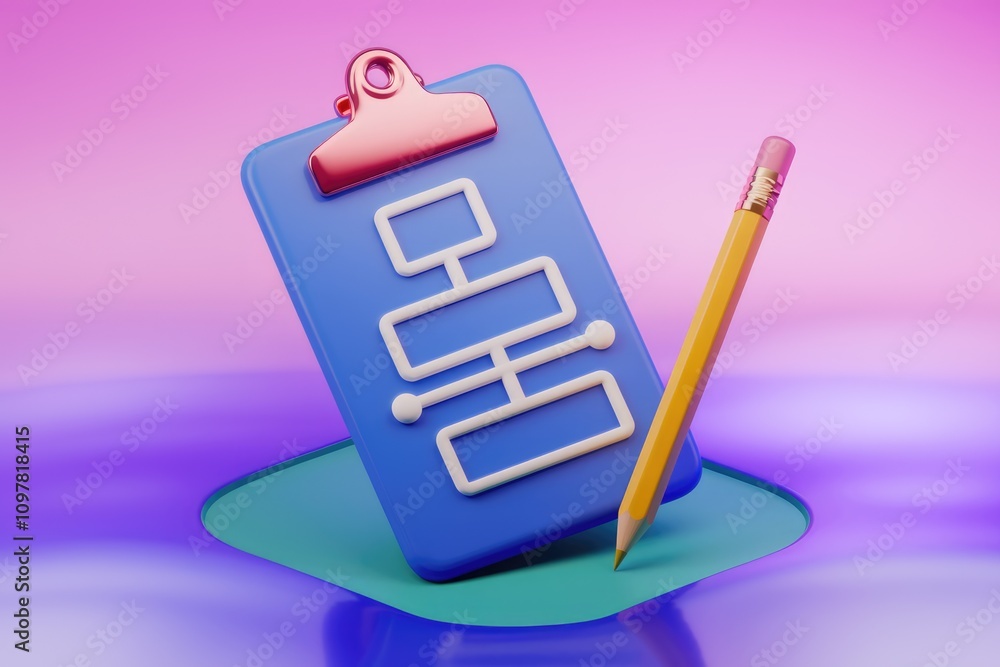 Poster 3d render of blue clipboard with flowchart and pencil