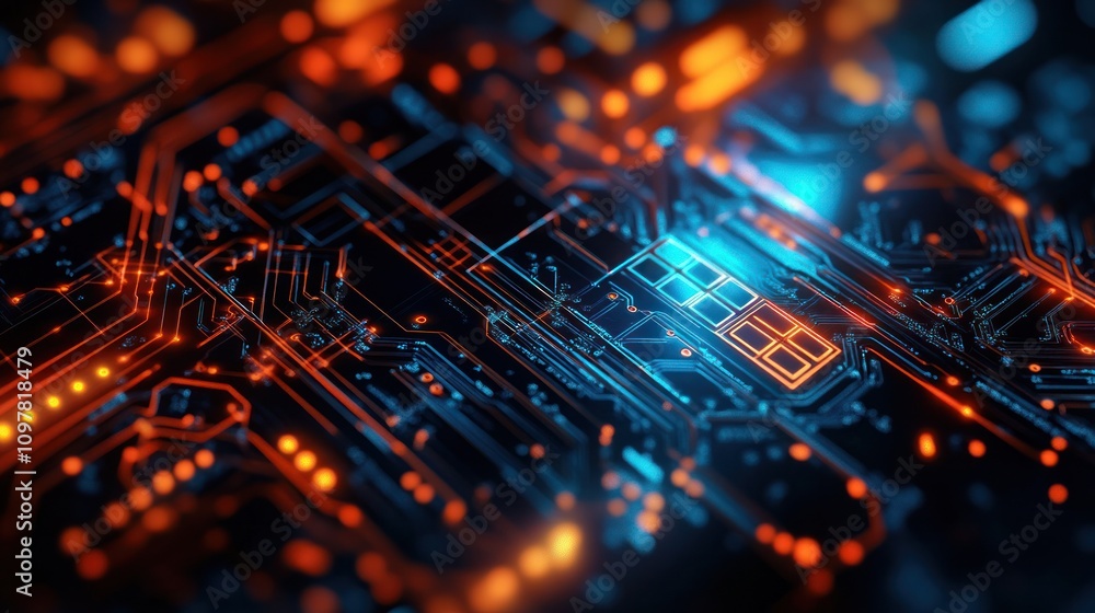Poster computer's circuit board, with intricate pathways and glowing elements that depict the advanced tech