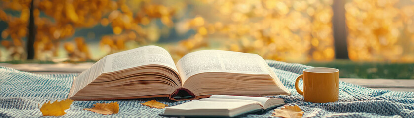 Obraz premium peaceful scene of open book and cup on picnic blanket surrounded by autumn leaves. warm sunlight creates cozy atmosphere for reading