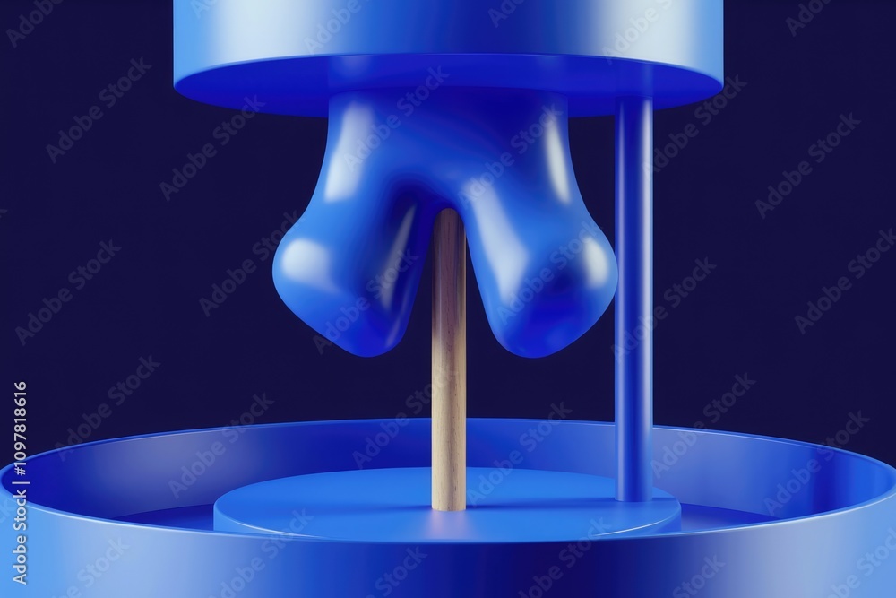 Poster Abstract 3D render of a blue  glossy  blob like form suspended above a blue platform