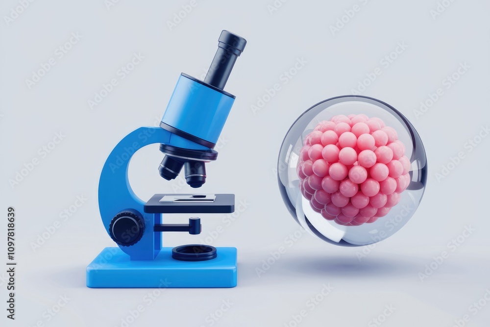 Poster Microscope observes pink cell cluster in transparent sphere for research.