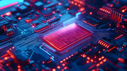 Obraz premium A glowing red chip on a circuit board, surrounded by intricate details, representing technological advancement and high-speed computing.