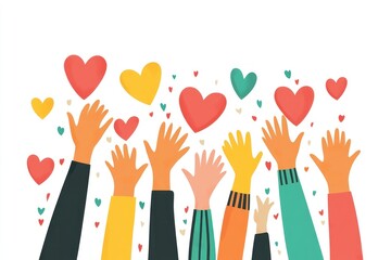 A flat vector illustration of diverse hands raised with hearts