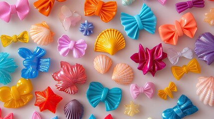 Fototapeta premium Colorful Plastic Bows and Shells on White Background for Crafts