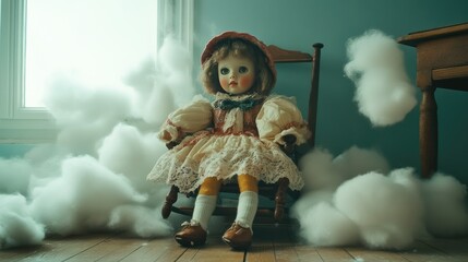 Vintage Doll Sitting in a Rocking Chair Surrounded by Cotton Clouds