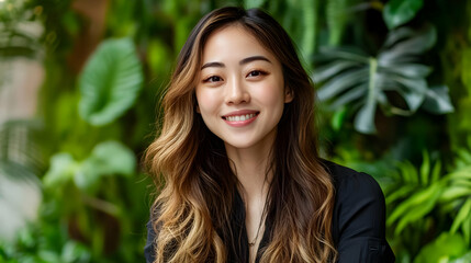 Blurry office background headshot - A smiling woman poses in front of lush greenery, showcasing a vibrant and cheerful atmosphere.