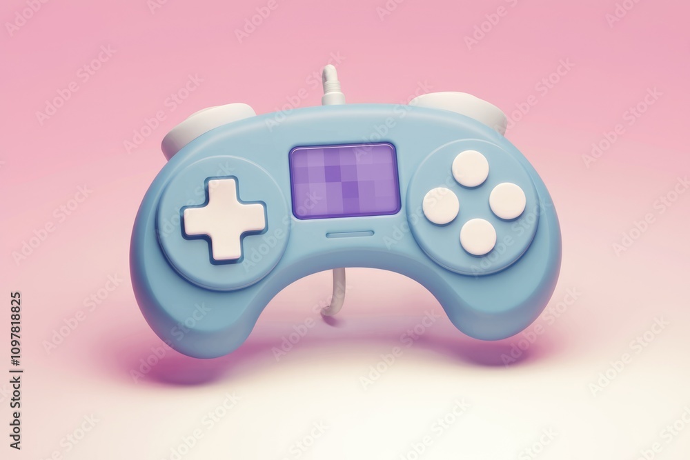 Poster a light blue retro styled game controller with a purple screen isolated on a pink background
