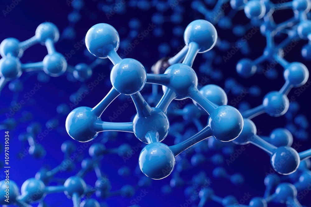 Poster A 3D rendering of a molecule  showing its atomic structure and bonds in a blue transparent style