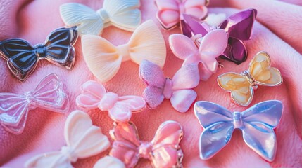 Colorful Hair Accessories with Butterflies and Bows on Soft Fabric