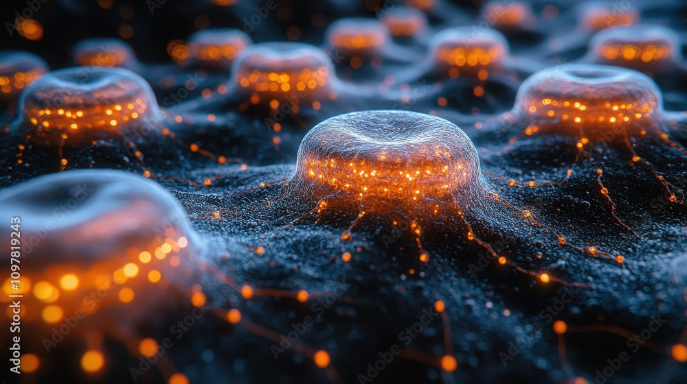 Aufkleber microscopic neural network abstract glowing neurons science technology brain cells cel
