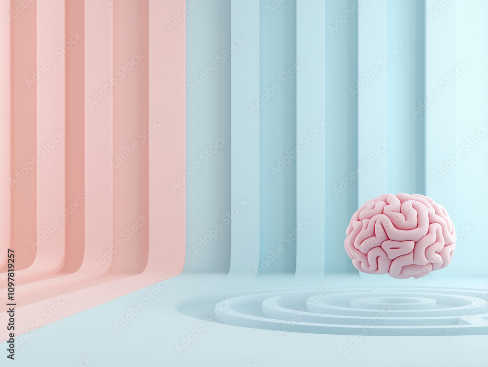 Poster surreal floating brain exploring a maze in soft pastel colors. copy space.