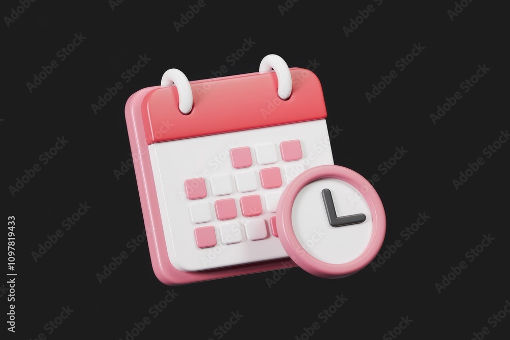 Poster Pink 3D render of a calendar and clock; symbolizing scheduling and time management