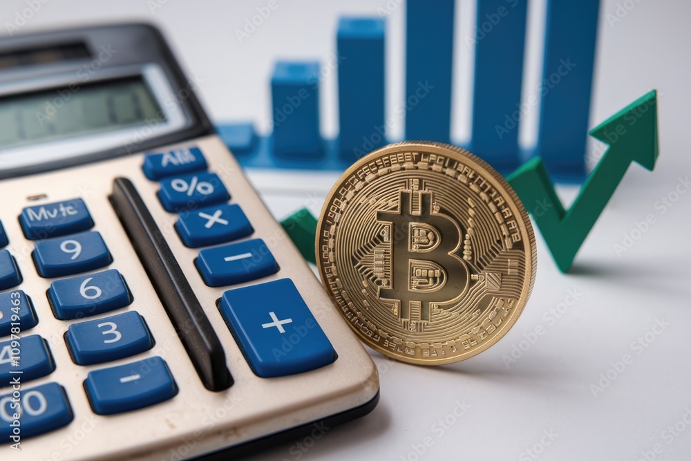 Poster Bitcoin cryptocurrency value increasing  shown with a calculator and upward trending graph