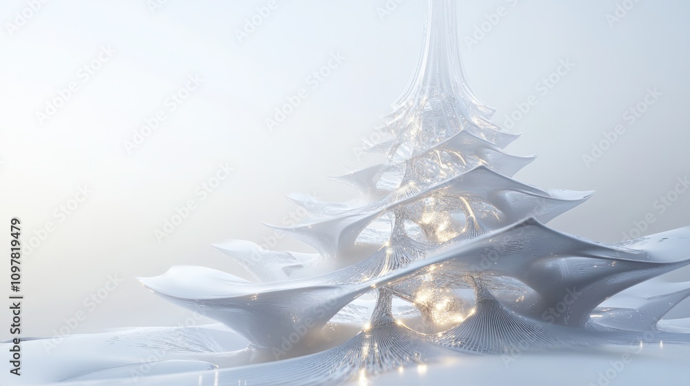 Poster a christmas tree, crafted from shimmering digital constructs and abstract shapes, with a stark white
