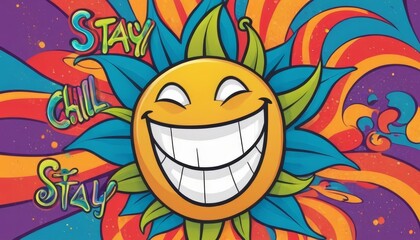 Happy marijuana-leaf creature with luminous eyes, surrounded by a peaceful vibe, 'Stay Chill' lettering shining in bold hues
