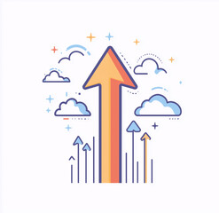 Fototapeta premium Simple flat color vector art of an upward arrow with clouds and additional positive growth arrows in the background, set on a white backdrop, symbolizing progress and success.