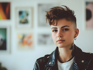 Blurry office background headshot - A portrait of a person with a stylish haircut and leather jacket, set against a gallery wall.