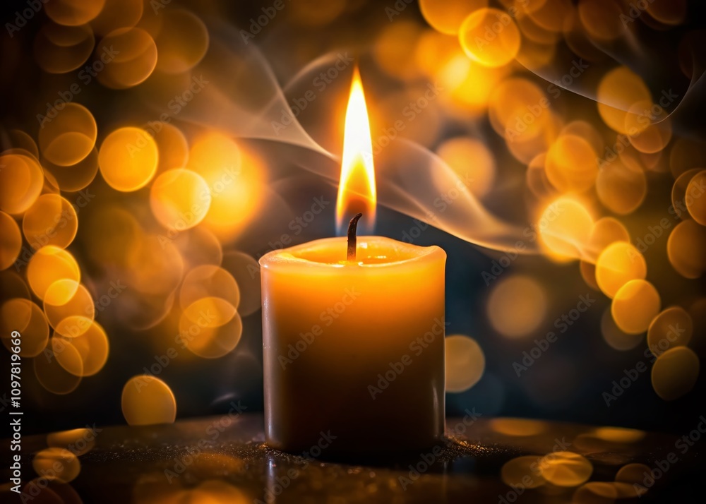 Poster close-up of a single candle flame illuminating a dark background with a double exposure effect creat
