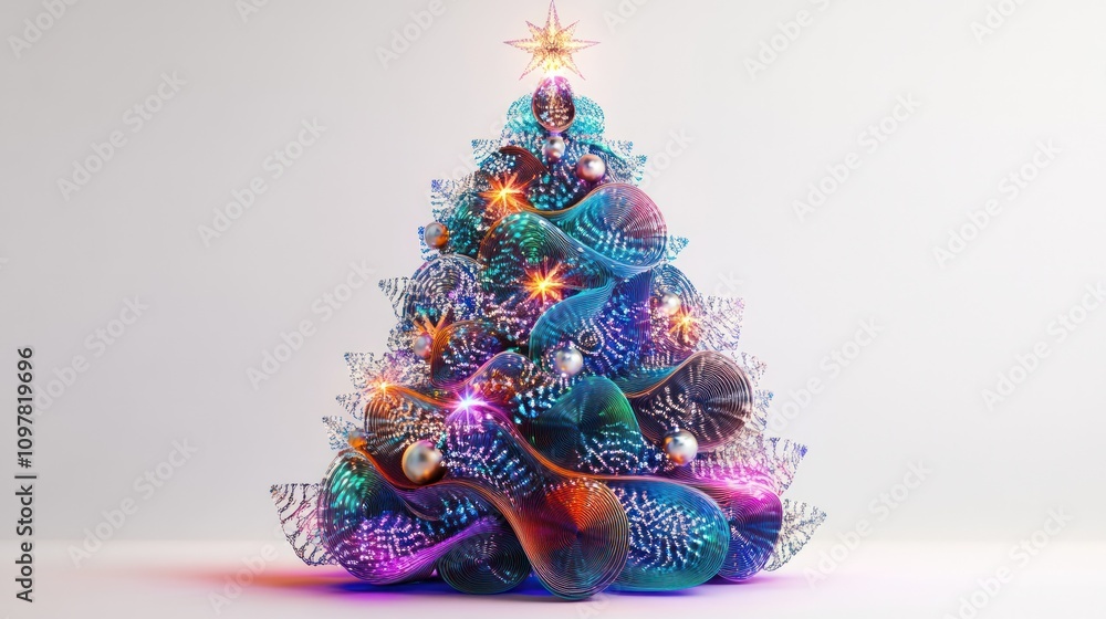 Poster a christmas tree, crafted from shimmering digital constructs and abstract shapes, with a stark white