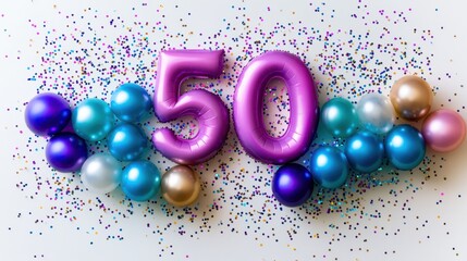 Fifty Fabulous Years Milestone Birthday Celebration with Balloons and Confetti