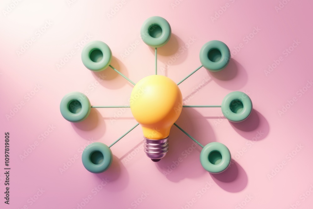 Poster yellow lightbulb with six green circles symbolizing idea generation.