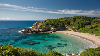 Obraz premium A picturesque cove surrounded by lush greenery, where the bright sun illuminates the calm ocean waves.