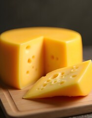 Realistic cheese block with detailed texture and a slice taken out