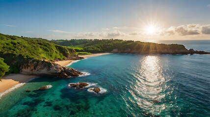 A picturesque cove surrounded by lush greenery, where the bright sun illuminates the calm ocean waves.