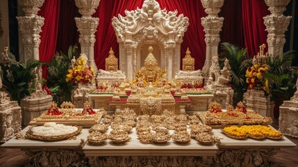 Fototapeta premium Ornate Hindu Temple Decorated with Flowers and Gold Artifacts
