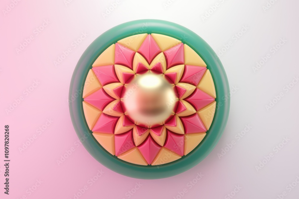 Poster abstract 3d rendering of a vibrant mandala with pink and yellow petals surrounding a golden sphere