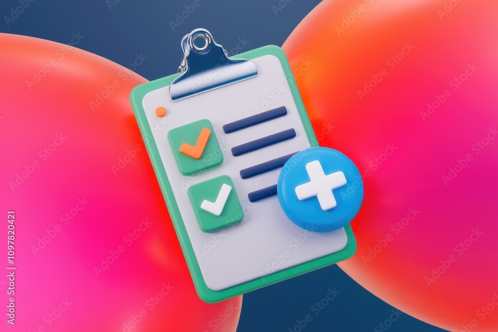 Poster 3D render of checklist clipboard with plus icon  representing task management or medical form