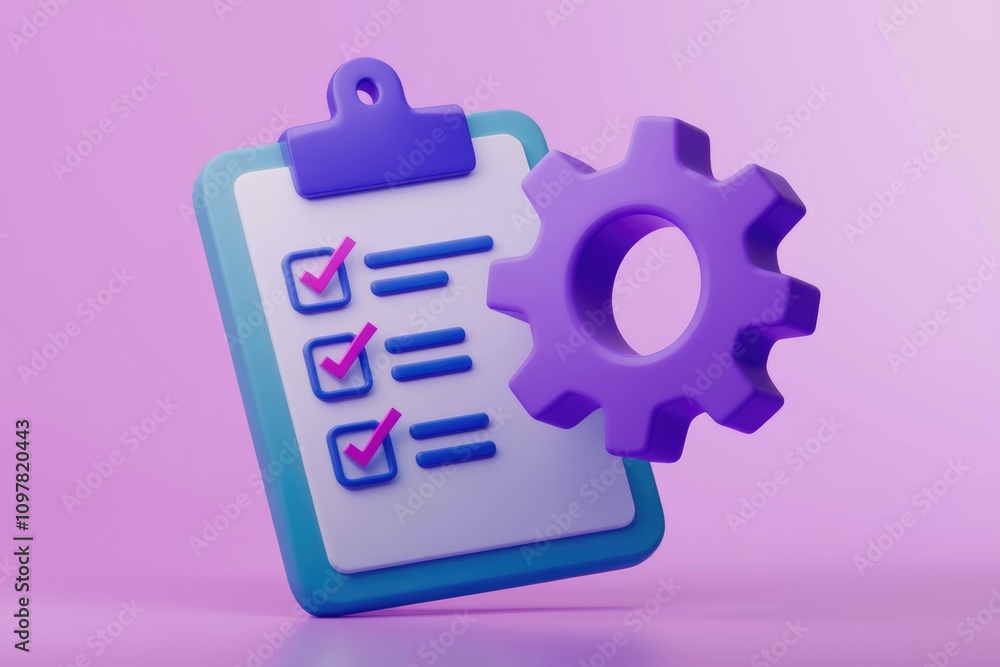 Fototapete 3D render of checklist with gear  symbolizing task management and process optimization