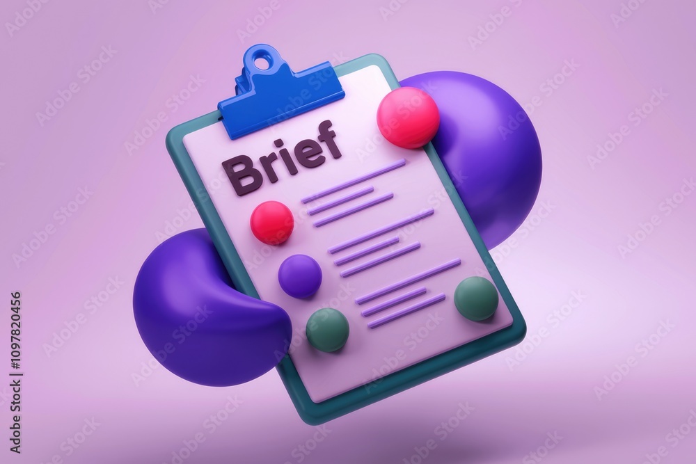 Poster A 3D rendering of a brief document held by abstract purple shapes