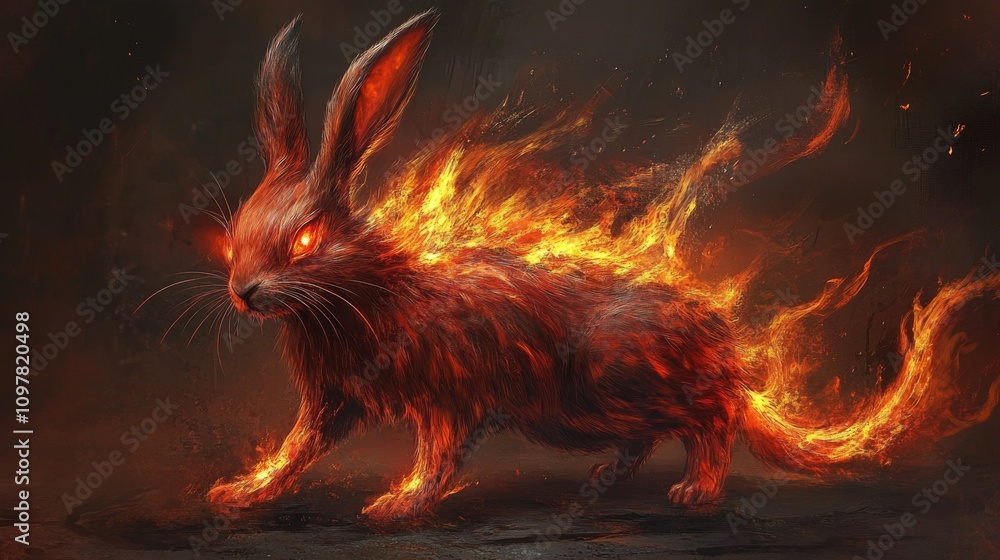 Poster a surreal image of a rabbit engulfed in flames, with glowing red eyes, standing in a dark, mystical 