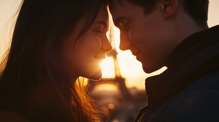 Romantic Couple Sharing an Intimate Moment at Sunset with the Eiffel Tower in the Background