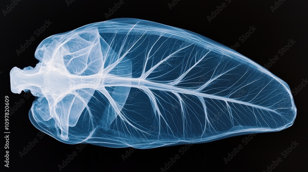 Poster x-ray image of leaf with intricate vascular pattern on black background