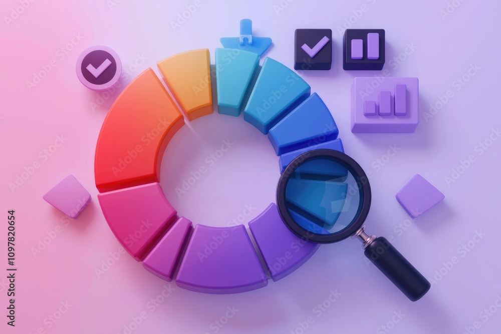 Poster Colorful pie chart analyzed with magnifying glass for data insights.
