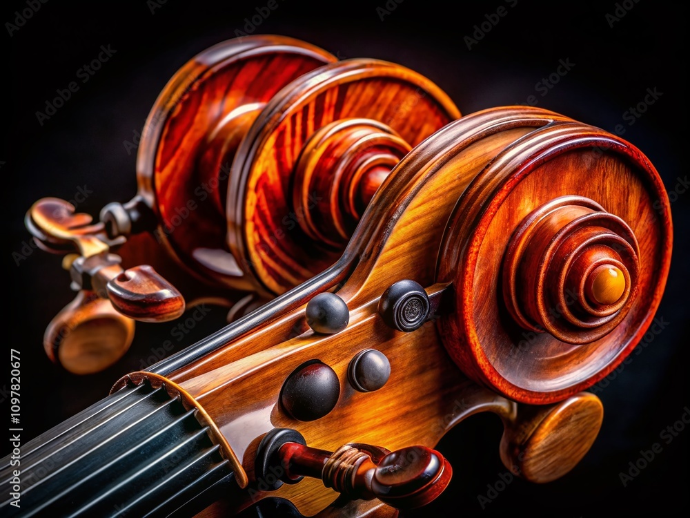 Poster close-up of elegant violin pegs and scroll on a black background: a detailed perspective of fine cra