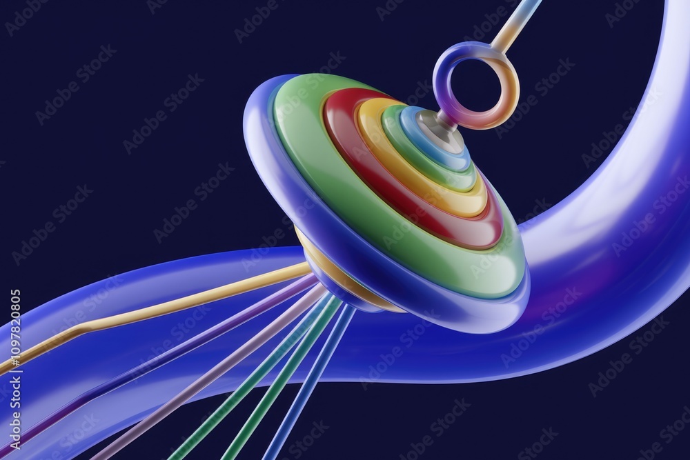 Poster abstract 3d render of a colorful spinning top with vibrant rainbow layers and sleek blue curves