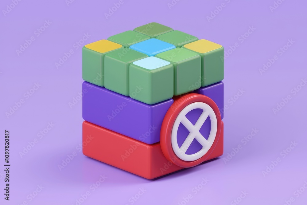 Poster A 3D rendering of colorful blocks stacked  forming a cube with a prohibition symbol