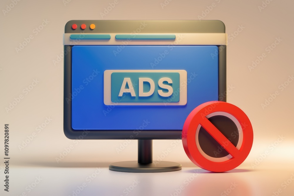 Poster computer screen shows 'ads' with red prohibition sign ad blocking.