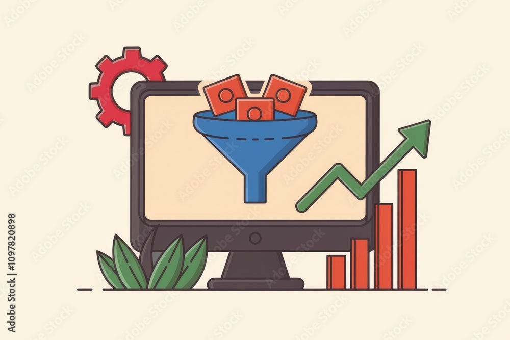 Poster Illustrative vector graphic showing a sales funnel increasing revenue on a computer screen