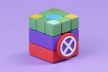 Obraz premium A 3D rendering of colorful blocks stacked forming a cube with a prohibition symbol