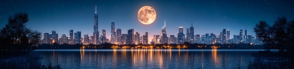 A serene nighttime cityscape featuring a bright full moon over a tranquil lake.