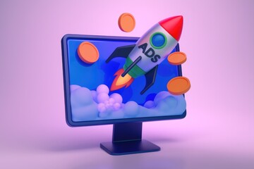 3D rocket symbolizes successful online advertising launch