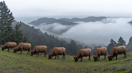 Fototapeta premium Highland Cattle Grazing on Misty Mountain Pasture